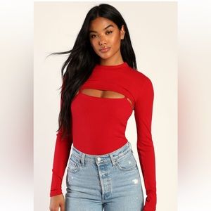 Twice as Cute Red Ribbed Long Sleeve Bodysuit